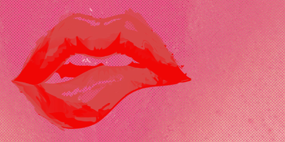 Woman biting red lips overlaid on vagina/pink background.