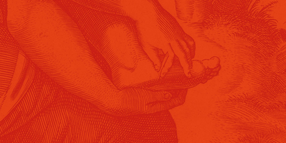 Line drawing of woman holding bare foot, red & orange overlay.