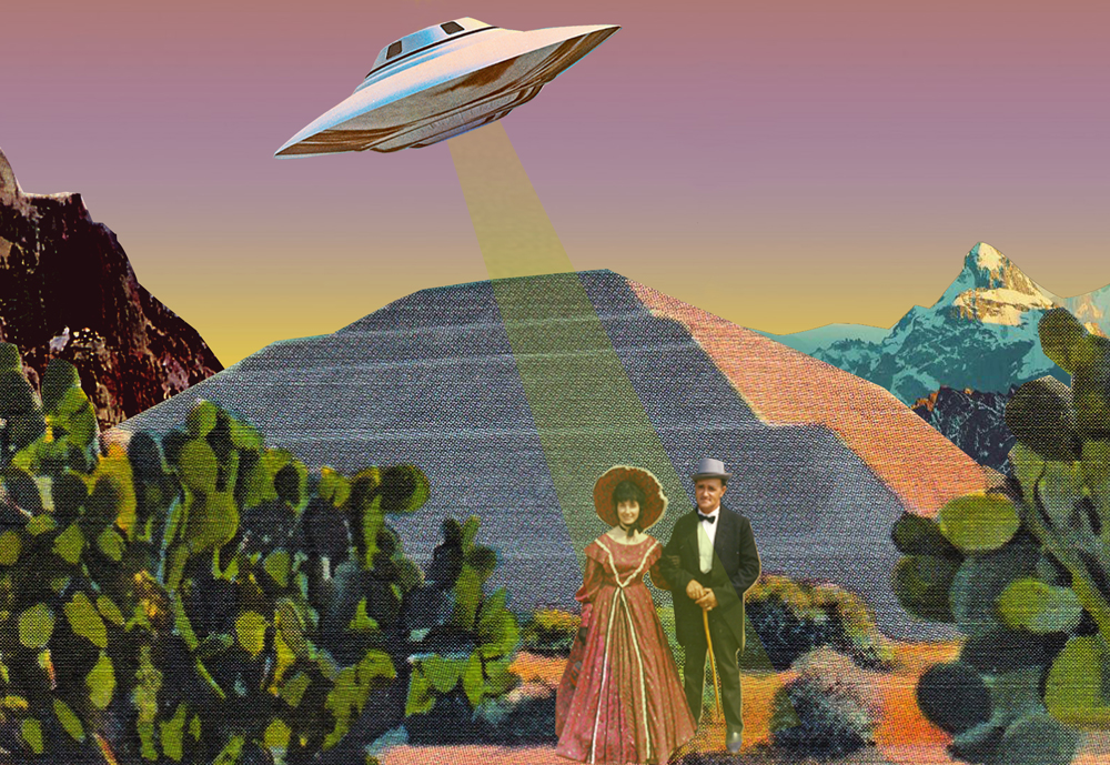 Collage of vintage spaceship abducting people dressed in early 1900s fashion