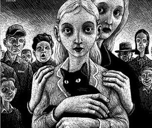 Black and white, a woman holds a black cat as another woman holds her shoulders. Threatening-looking people lurk in the background.